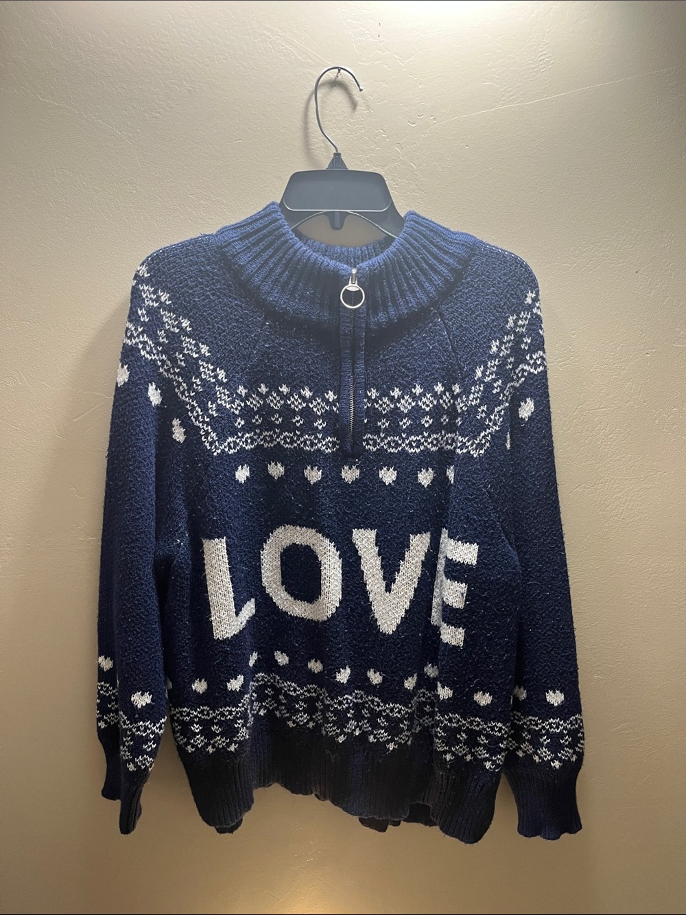aerie Navy and White 'LOVE' Half-Zip Cowl Sweater